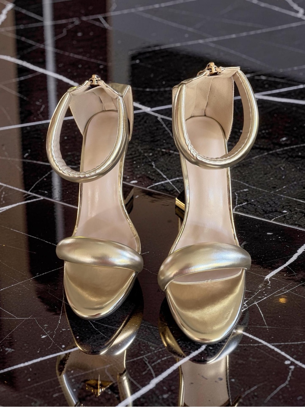 Gold Metallic Ankle-Strap Women's Sandals - Elegant Evening Heels
